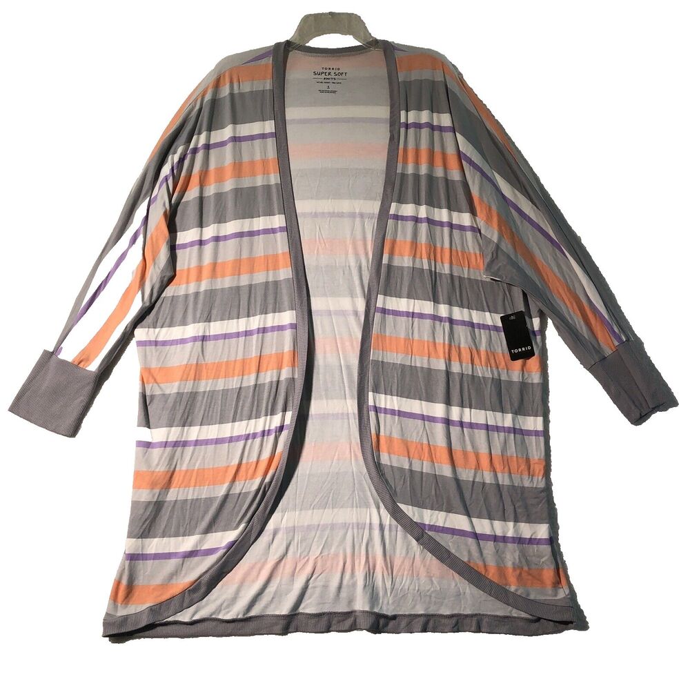 Torrid 1 Super Soft Knits Cardigan Gray Purple Orange Striped Open Front New Tag